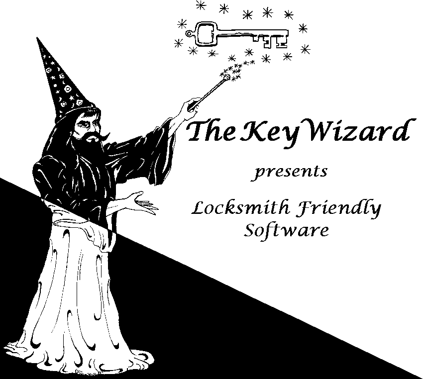 The Key Wizard Logo which is a wizard in a robe, holding a wand aloft in the air, conjuring a key. The motif is split diagonally corner to corner, with the colors of the Wizard and background reversed using only black and white colors.